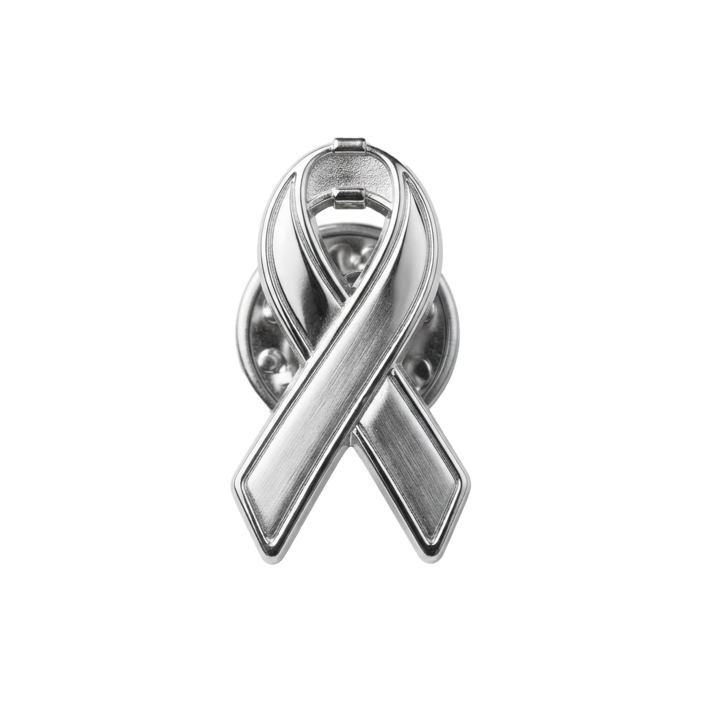 A metallic awareness ribbon pin with a reflective surface and two loops.