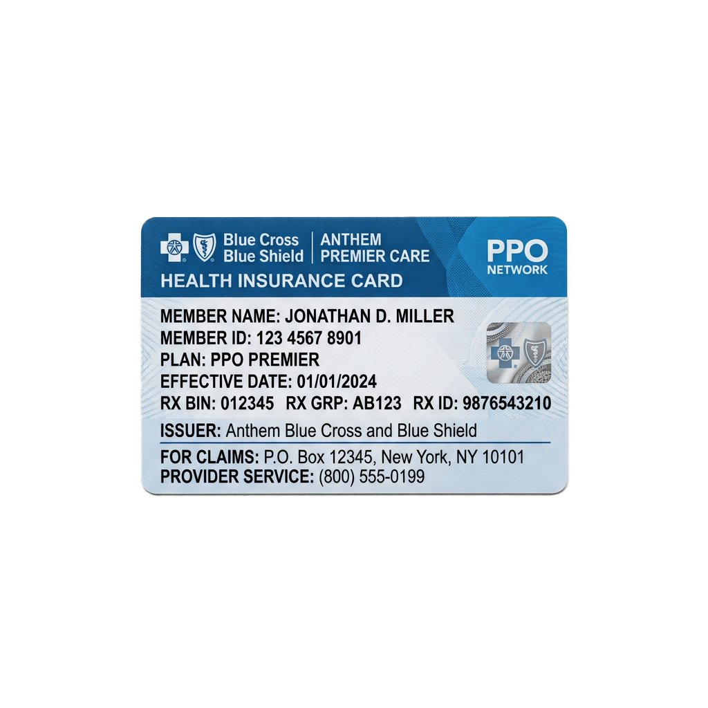 Health insurance card displaying member details for Blue Cross Blue Shield Anthem Premier Care PPO plan