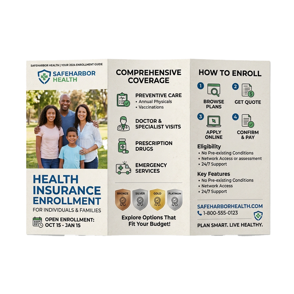 Health insurance enrollment brochure showing coverage options, enrollment steps, and family benefits