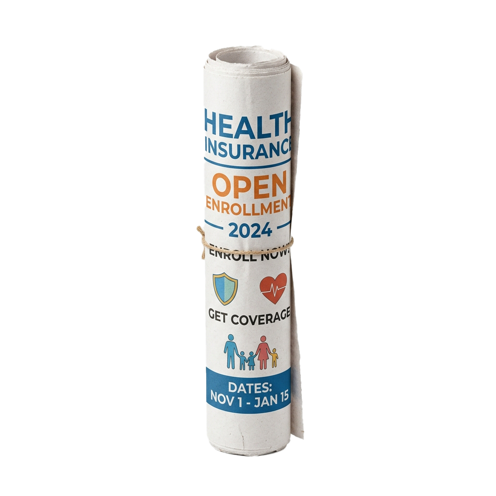 Rolled newspaper displaying health insurance open enrollment 2024 with dates Nov 1 to Jan 15