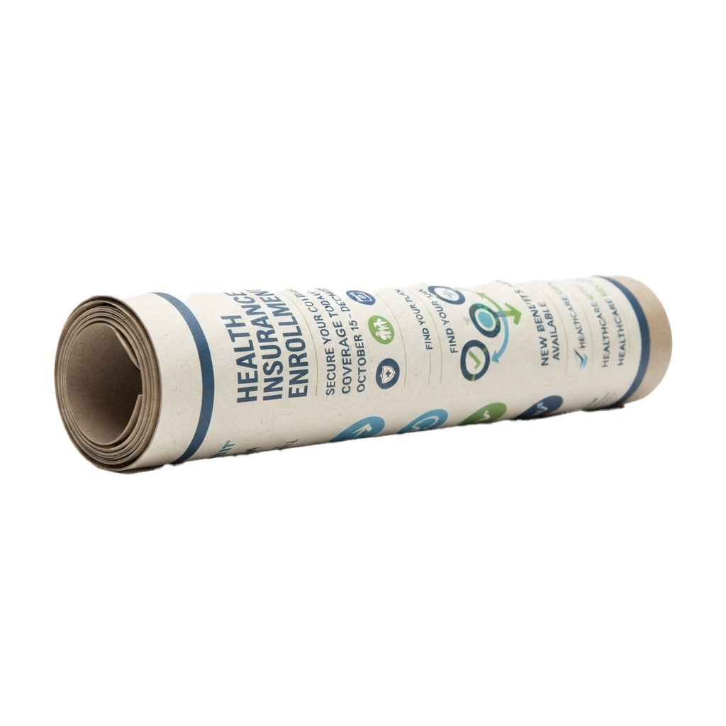 A rolled paper displaying health insurance enrollment information and October 15 deadline