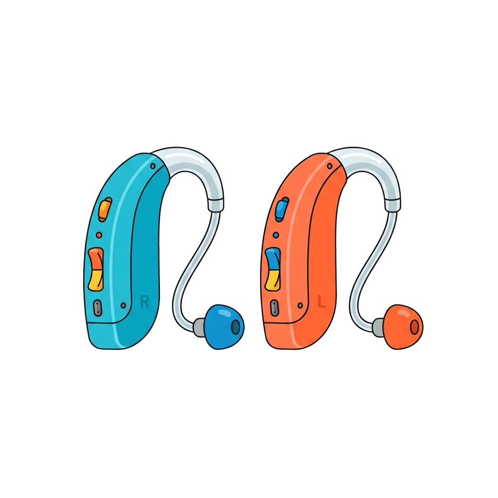 Illustration of a pair of hearing aids, one blue and one orange, with question marks on the earmolds.