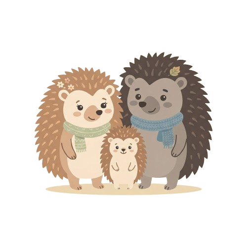 Three cartoon hedgehogs wearing scarves standing together in a family group.