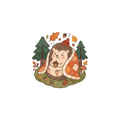 A cheerful hedgehog in a red hat sits near a small tent in a forest with autumn leaves and trees