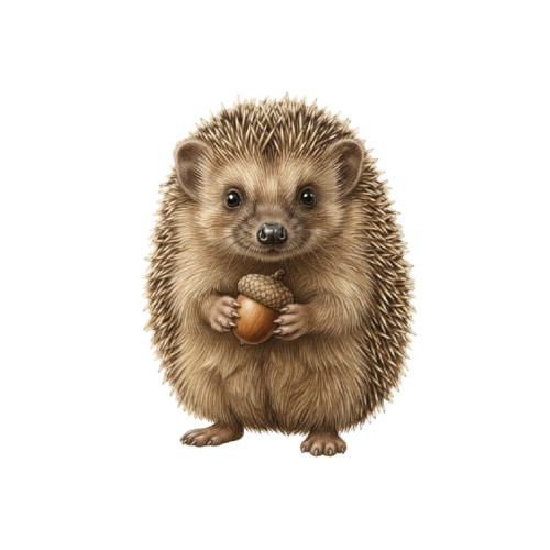 A cute hedgehog sitting upright and holding an acorn in its front paws