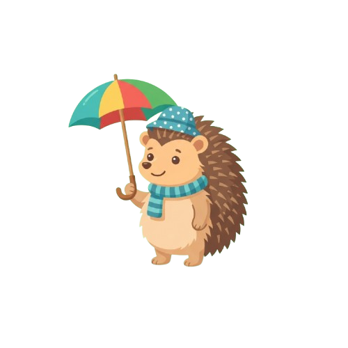 A cheerful hedgehog wearing a blue hat and scarf holds a multicolored umbrella.