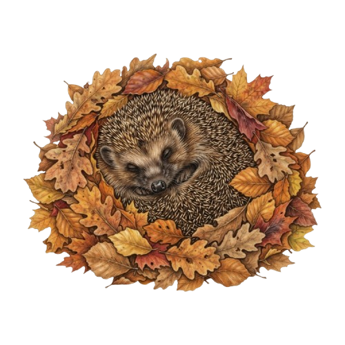A hedgehog curled up in the center of a circular arrangement of autumn leaves in warm tones
