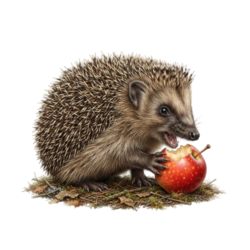 A hedgehog sitting on leaves and eating a red apple