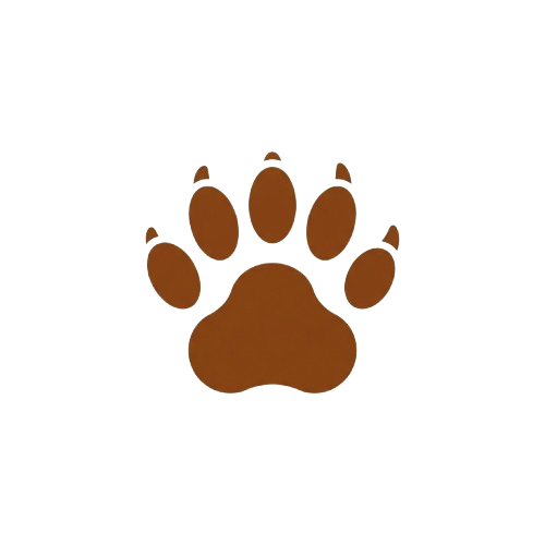 A brown paw print with five distinct toe pads on a black background