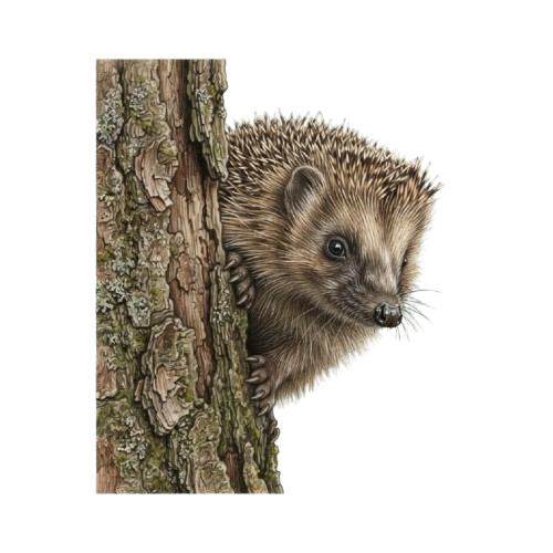A badger with spiky fur peeking out from behind a textured tree trunk.