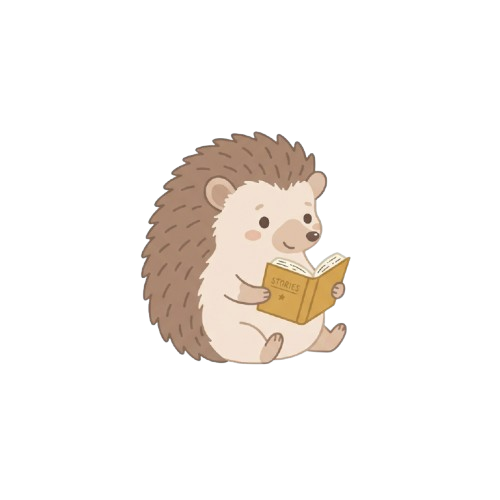 A cheerful hedgehog sitting and reading an open book labeled stories