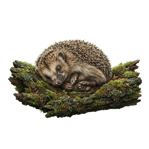 A hedgehog curled up and sleeping on a moss-covered log surrounded by greenery
