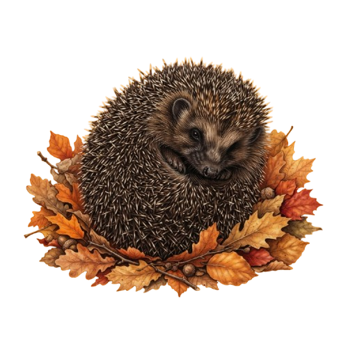 A hedgehog curled up in the center of a circular arrangement of autumn leaves with orange and brown hues