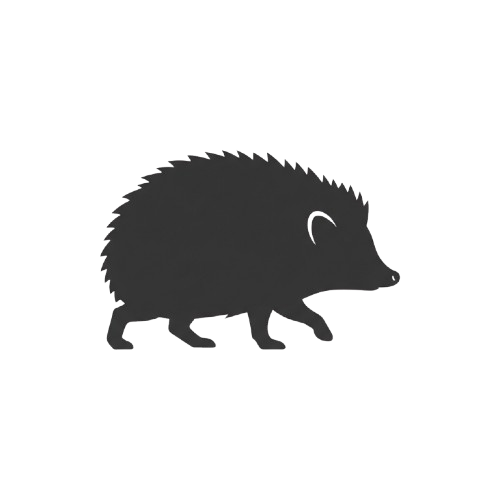 A gray silhouette of a hedgehog standing on four legs with spiky quills along its back