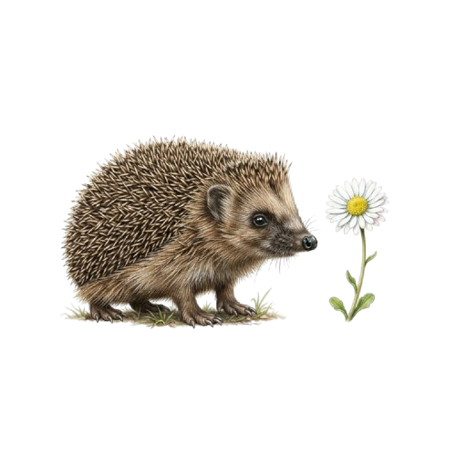 A hedgehog with spiky brown fur sniffing a white daisy with a yellow center