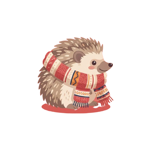 A stylized illustration of a hedgehog wearing a red and white striped scarf with fringe