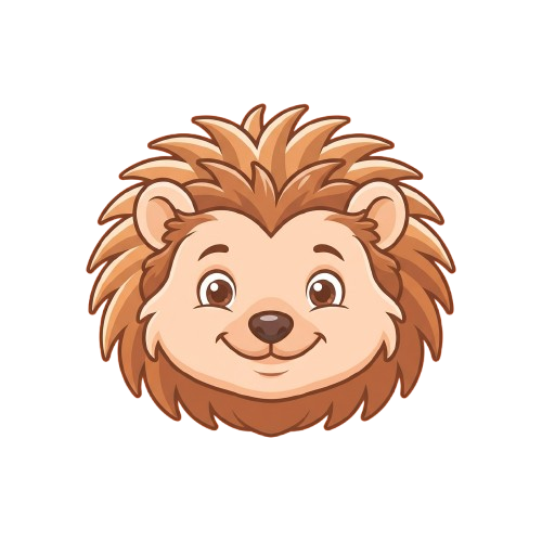 A smiling cartoon hedgehog with spiky brown hair and a light brown face