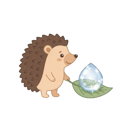 A friendly cartoon hedgehog holding a water droplet on a green leaf