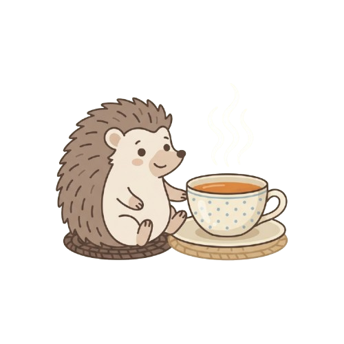 A smiling hedgehog sitting on a woven mat holding a steaming cup of tea on a saucer