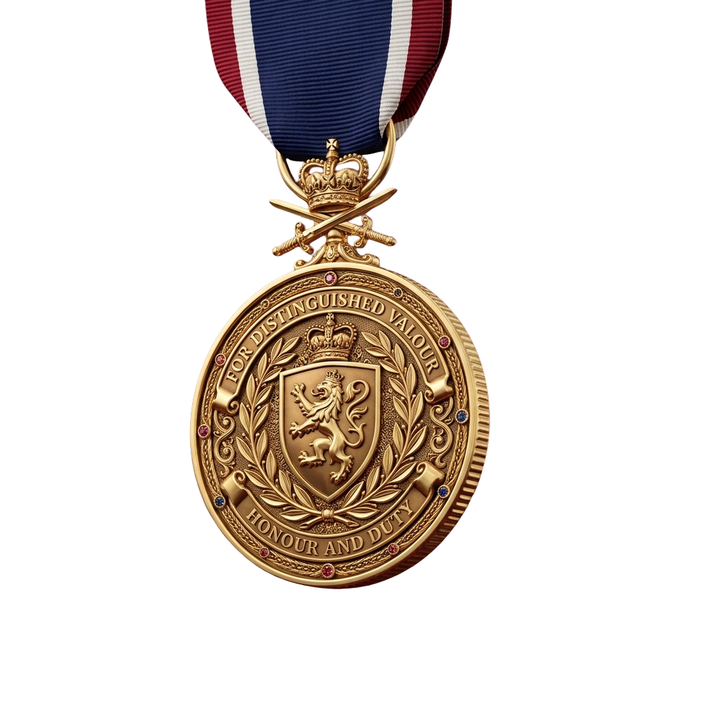 Gold medal for distinguished valour featuring a crown, lion emblem, and blue, white, and red ribbon