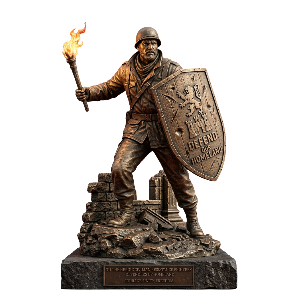 Bronze statue of a soldier holding a torch and shield with DEFEND OUR HOMELAND inscribed, standing on ruins.