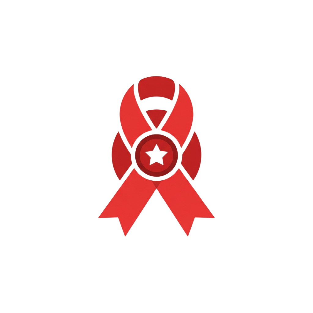 Red awareness ribbon with a black outline and a white star in the center on a black background