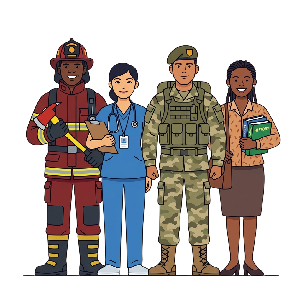 Illustration of four diverse professionals: firefighter, nurse, soldier, and teacher standing together