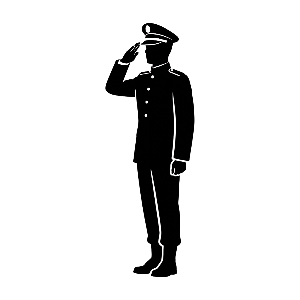 Silhouette of a person in a military uniform giving a hand salute against a dark background