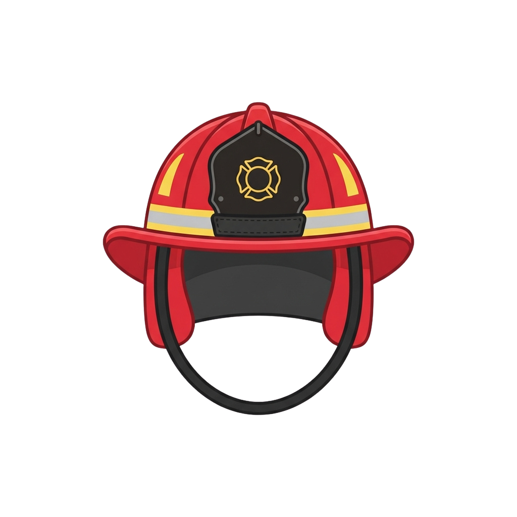Red firefighter helmet with reflective stripes and a face shield featuring a gold fire department emblem