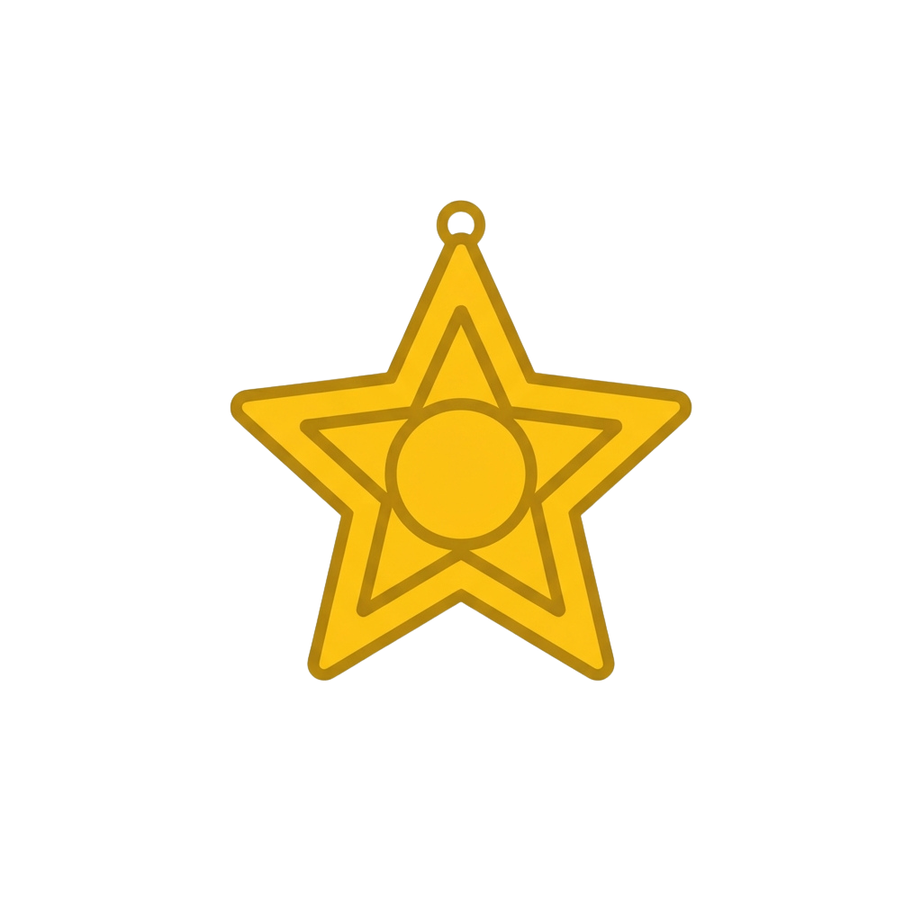 A bright yellow star-shaped pendant with a circular cutout in the center and a loop at the top for hanging
