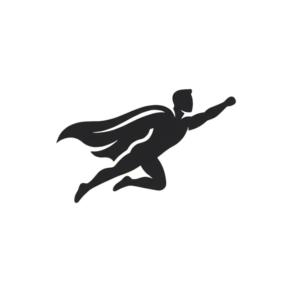 Silhouette of a superhero running with cape flowing behind
