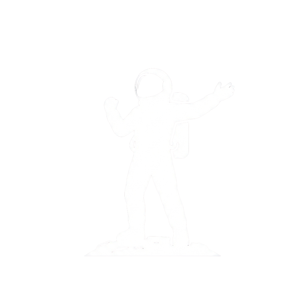 A white silhouette of an astronaut in a spacesuit standing on a small platform with arms outstretched