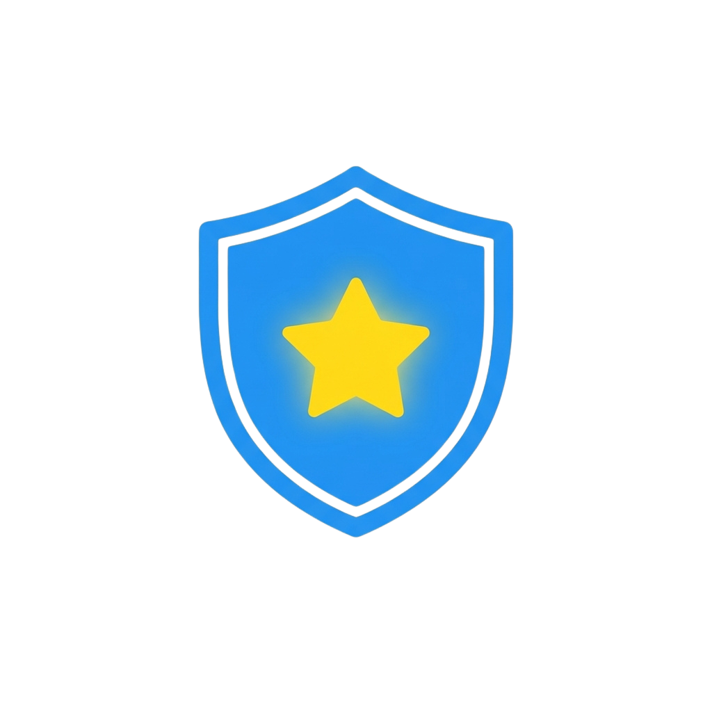 A blue shield with a glowing yellow star in the center