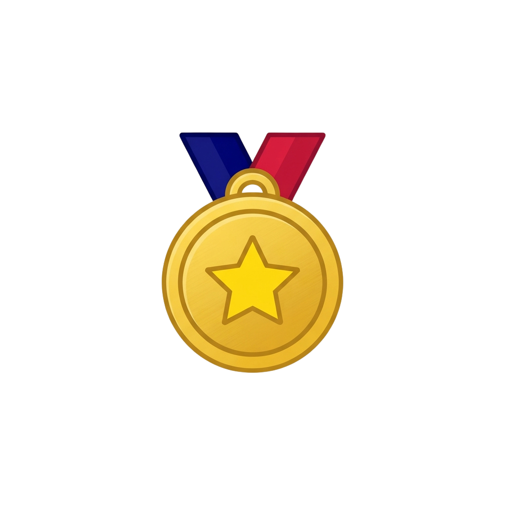 A gold-colored medal with a star emblem and blue and red ribbon