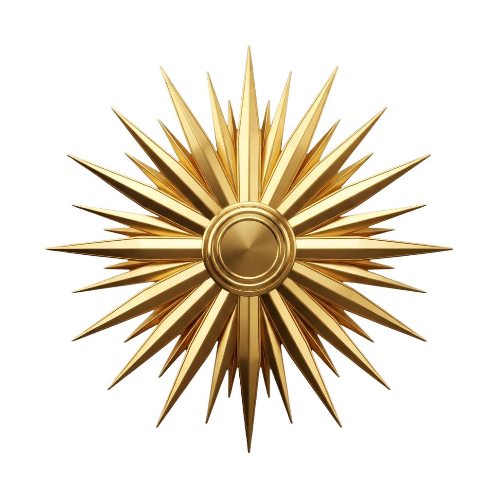 A shiny golden starburst design with a central circular hub and sharp radiating points against a black background