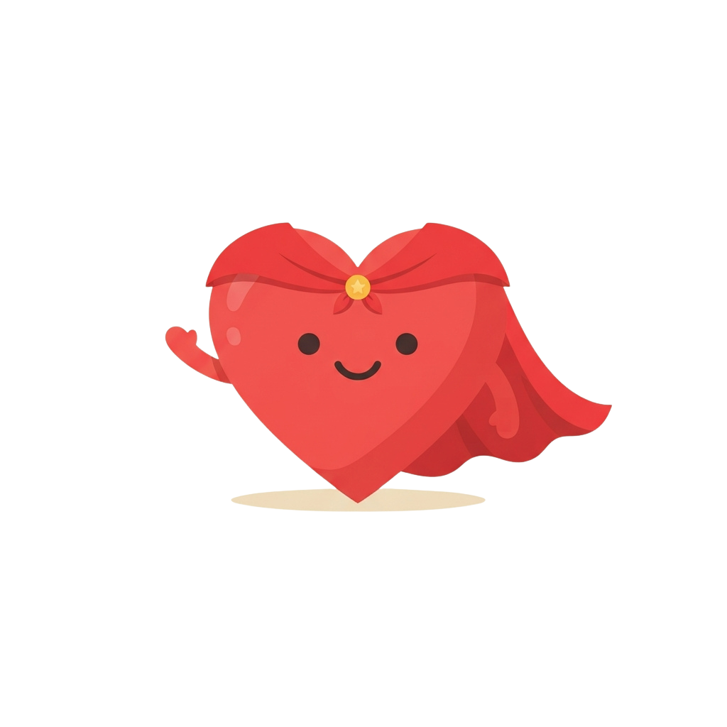 A cheerful cartoon heart with a bow on its head, cape, and waving arm