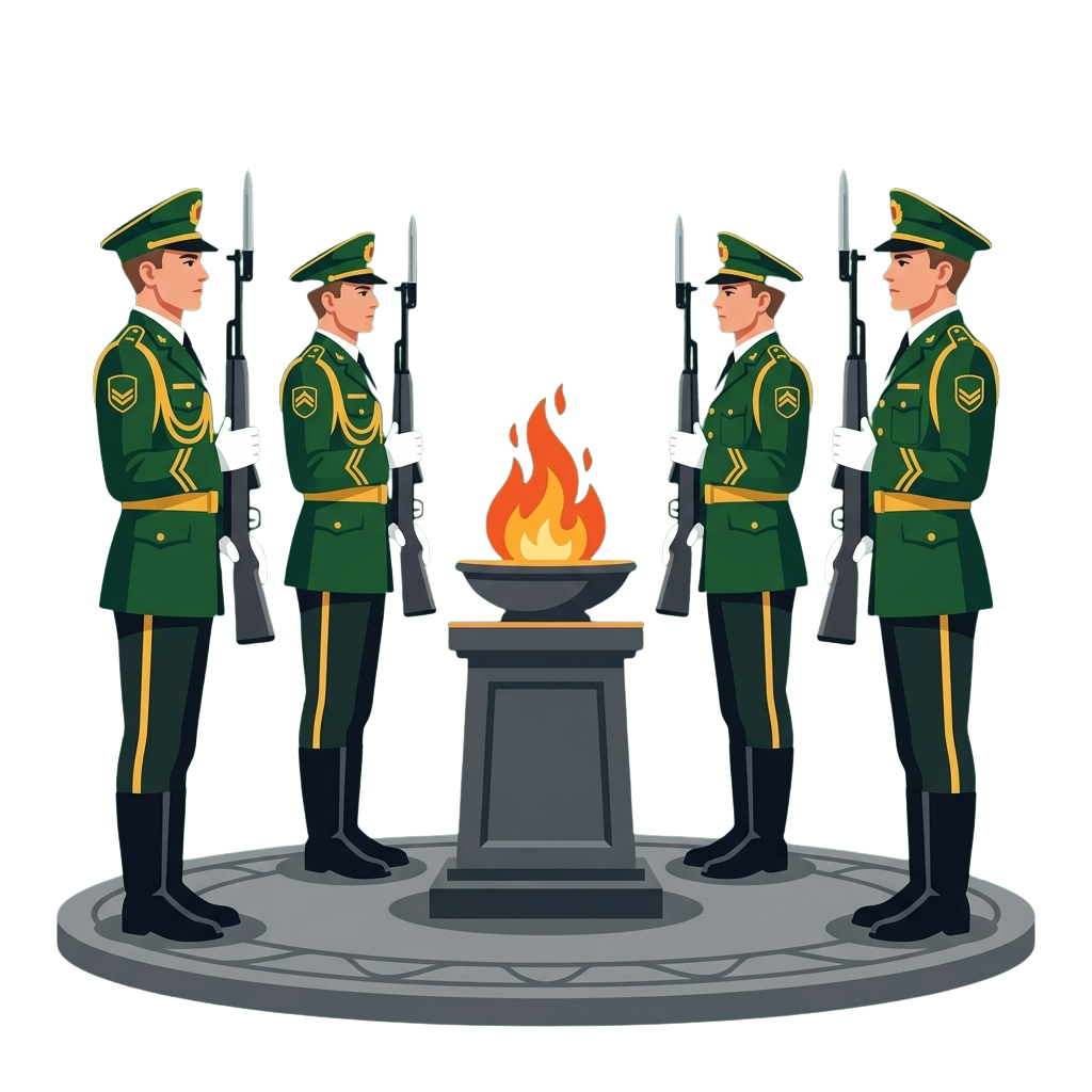 Four uniformed guards standing in formation around a lit eternal flame monument