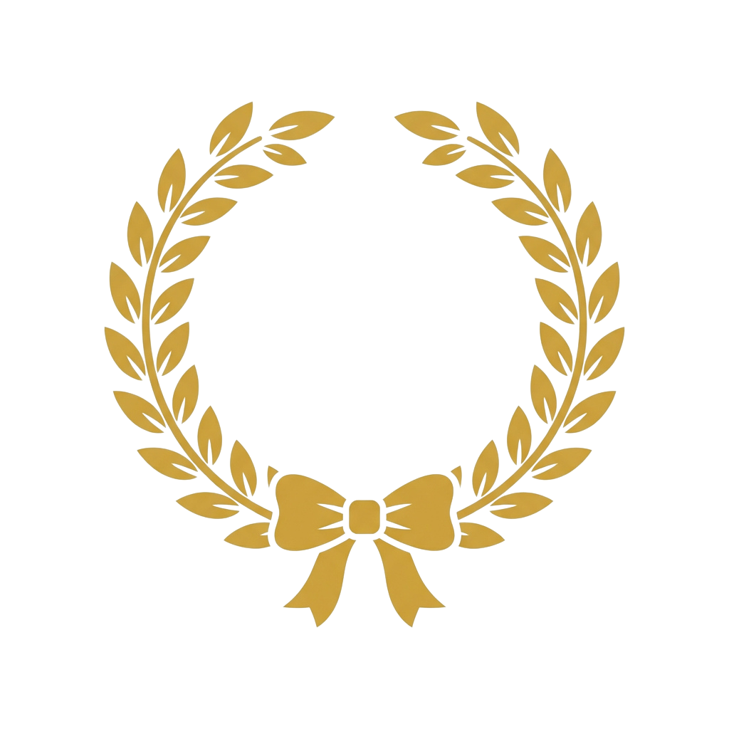 A gold-colored laurel wreath with a decorative bow in the center on a black background