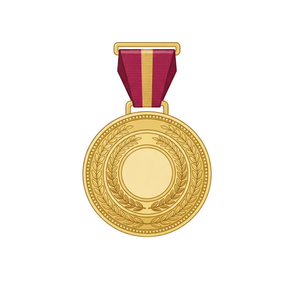 A golden medal with a circular laurel wreath design and a purple ribbon attached at the top