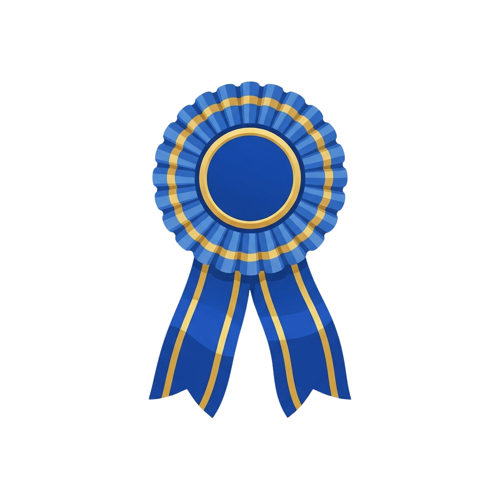 A blue ribbon award with gold accents on a black background