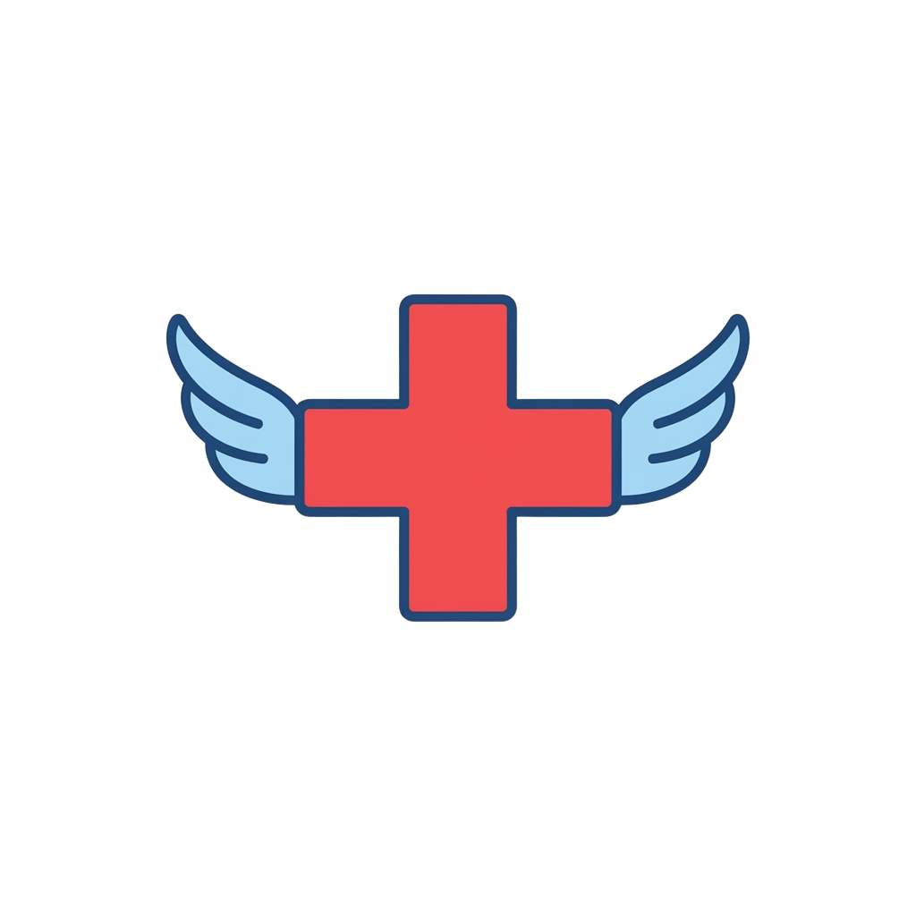 Red cross with blue wings symbol on black background