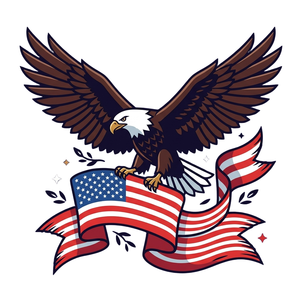 A bald eagle with spread wings perched on an American flag with stars and stripes.