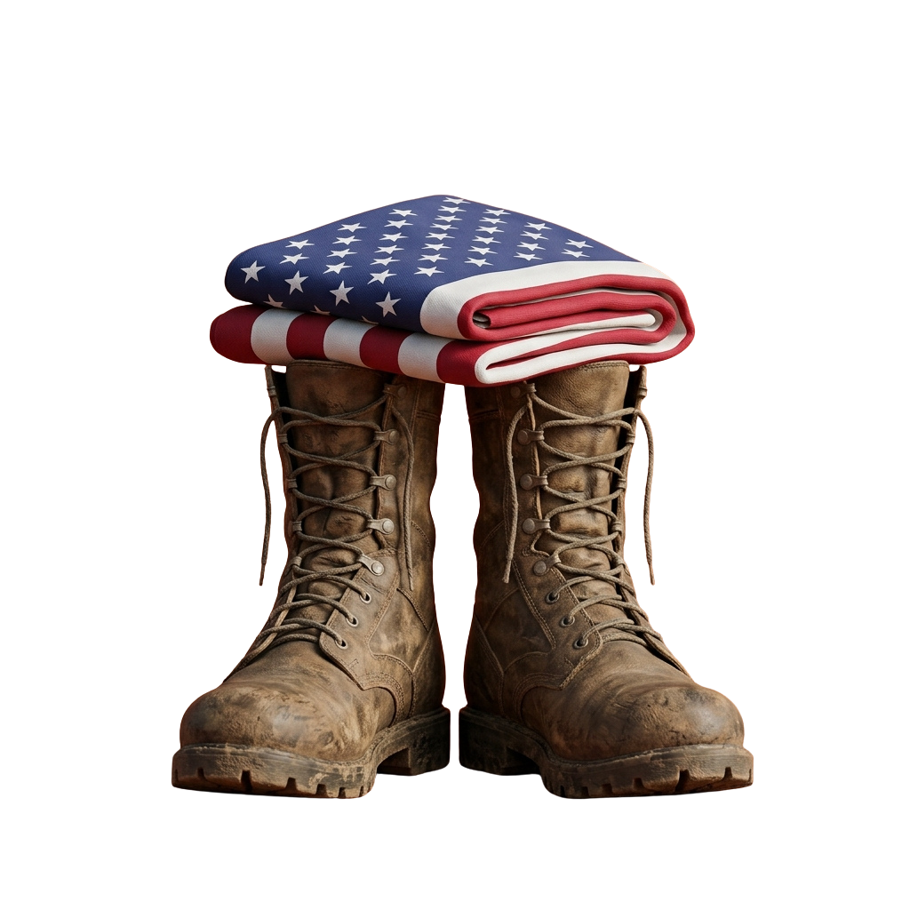 Military-style boots with an American flag folded and placed inside them