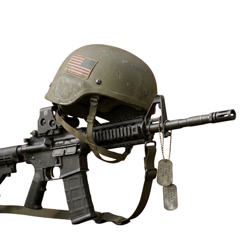 Military helmet with American flag patch, rifle, and dog tags on black background