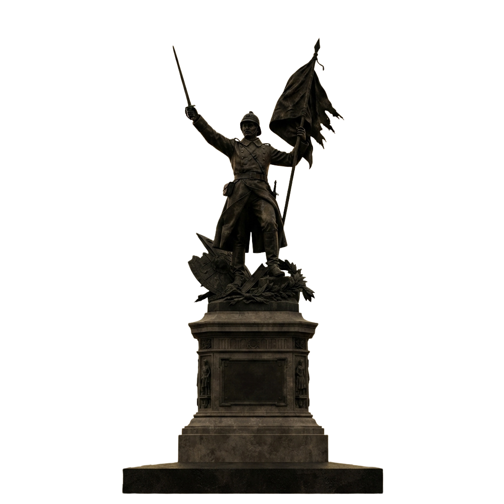 Statue of a soldier holding a rifle in one hand and a flag in the other, standing triumphantly on a pedestal with decorative carvings