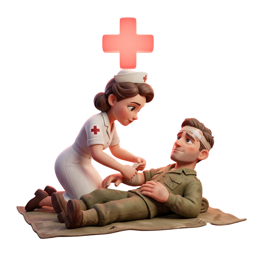 A nurse in a white uniform with a cap and red cross bandages the leg of a soldier lying on a blanket.