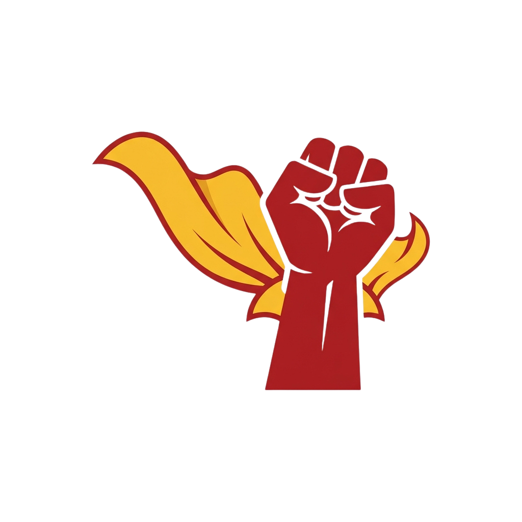 A clenched fist with a yellow and red flame extending from the wrist