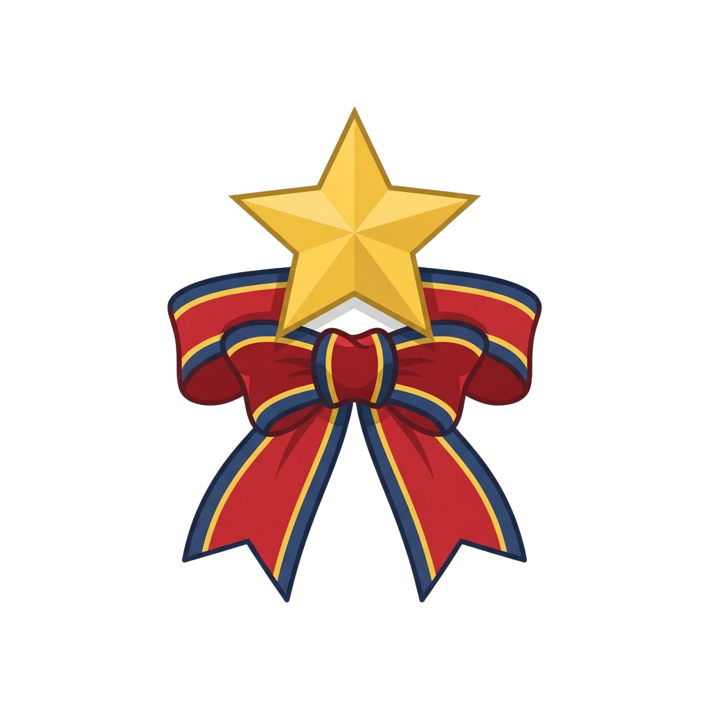 A golden star badge with a red and blue ribbon bow underneath