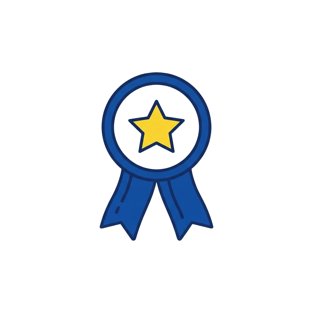 A blue ribbon with a yellow star in the center, resembling an award badge
