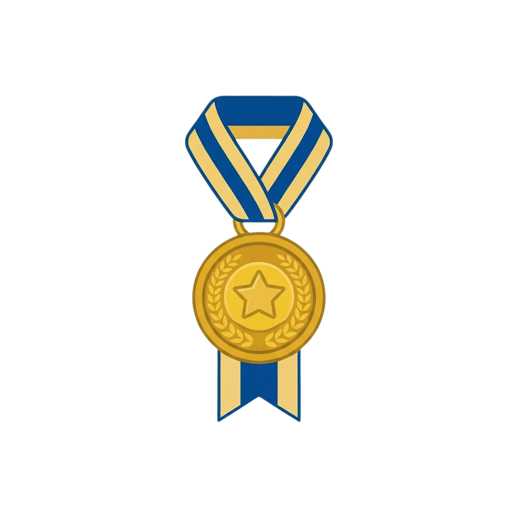 A gold medal with a star emblem and laurel wreath, attached to a blue and yellow ribbon.